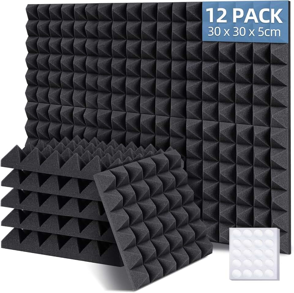 Ohuhu Schallschutzplatten 12 Stück mit Aufkleber, 30 x 30 x 5 cm Akustikschaumstoff Pyramidenplatten Schalldämmung Akustikpaneele für Tonstudio Podcasts Youtube-Zimmer