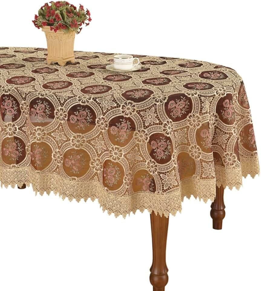 Simhomsen Vintage Burgundy Lace Tablecloth Embroidered Oval 60 × 84 Inch