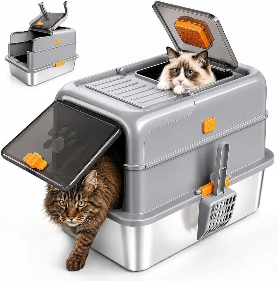 Stainless Steel Cat Litter Box with Lid, High Sided Enclosed Litter Box