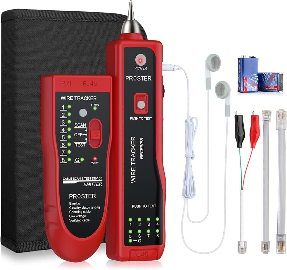 Proster Netzwerkkabel Wire Tracker Kabeltester XQ 350 mit Kopfhörer Hochempfindlicher Handheld Telefonkabeltester Wire Tracker für LAN Ethernet BNC RJ45 RJ11 Tester-Rot