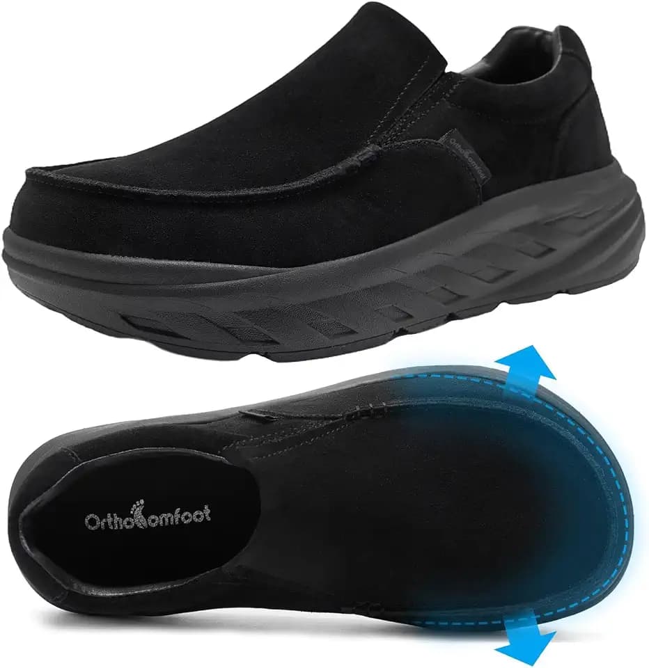 Comfortable Orthopedic Diabetic Wide Shoes For Men: Arch Support Plantar Fasciitis Orthotic Slip On Loafers, Hammer Toes Bunions Flat Leather House Walking Shoes for Foot Heel Pain Relief
