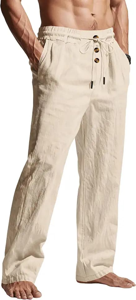 Men's Casual Linen Pants Elastic Waist Drawstring Summer Beach Lightweight Trouser with Pockets