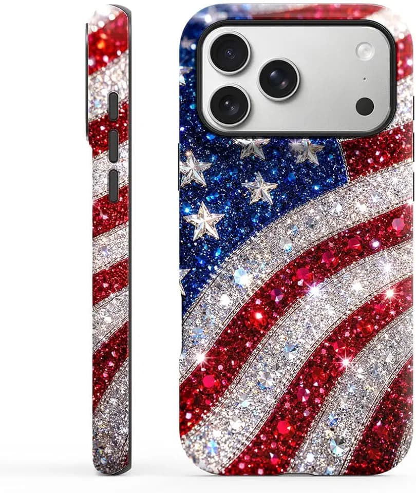 Magnetic Case for iPhone 12 Pro Max, Dual Layer Shockproof Protective Phone Cover Compatible with MagSafe, Sparkle American Flag Printed, Patriotic USA Stars and Stripes Graphic Case for Women Men