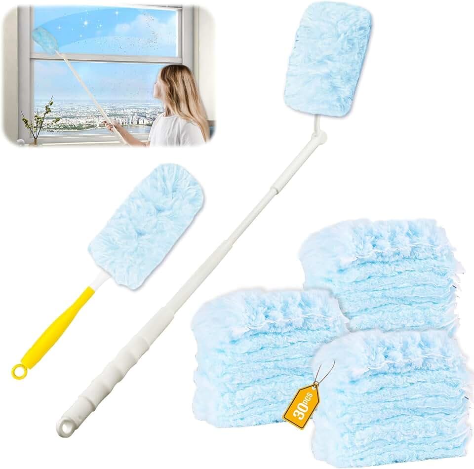 VicBou 32 Stück Staubwedel für Swiffer Staubfänger, Ersatzset, 3D 360° für Swiffer Duster, Mikrofaser, Blau, mit Griff, Teleskopstange