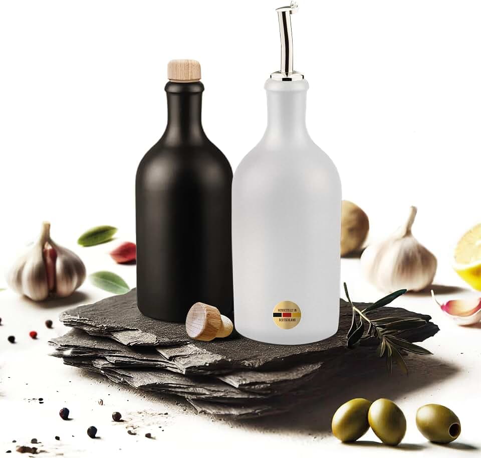 Öl & Essig Flaschen-Set, 2x 500ml Feinsteinzeug Flaschen mit tropffreiem Ausgießer inkl. 2x Ersatzdeckel, Made in Germany, 100% UV-Schutz, lebensmittelechte Materialien (Schwarz/Weiß)