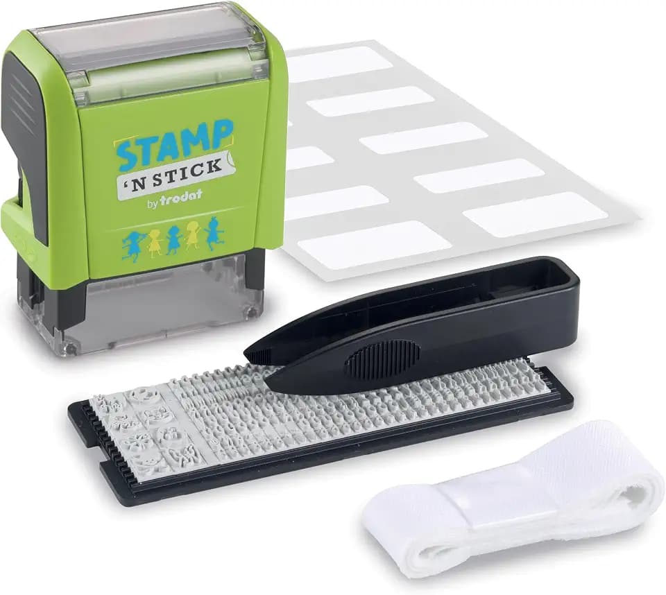 Trodat Stamp 'N Stick Clothes and Personal Belongings DIY Stamper, English Text with Special Characters – 3 Lines – Dermatologically Tested Ink, Dishwasher and Washing Machine Safe Ink