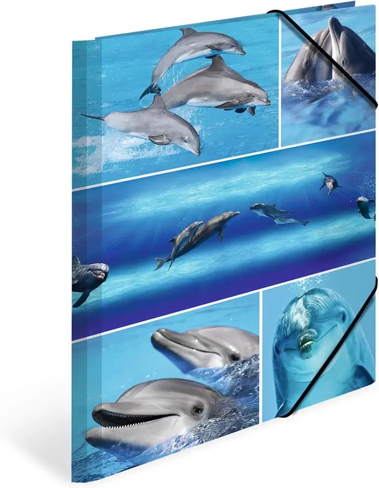 HERMA Sammelmappen A4 Delfine Set, 3 Stück, Kinder Eckspanner-Mappen aus Pappe mit Tier Motiv, Gummizug, Innenklappen und Innendruck für Jungen und Mädchen