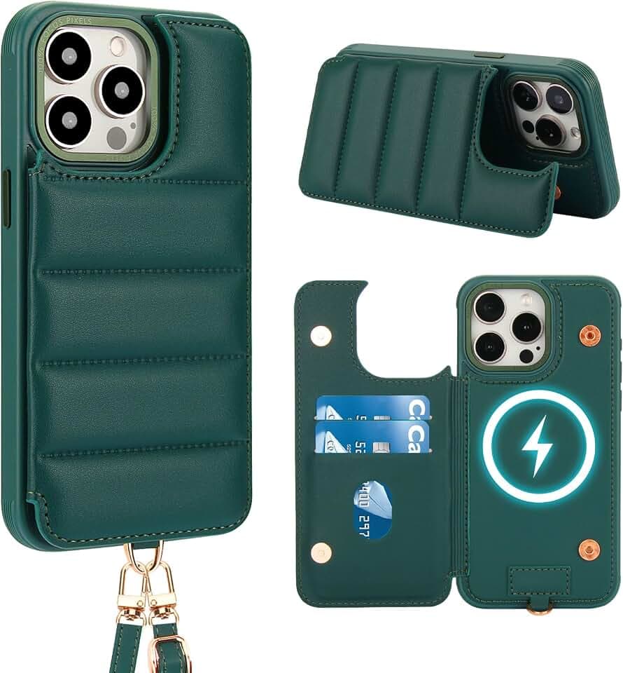 for iPhone 16 Pro Crossbody Wallet Case with Lanyard, Green