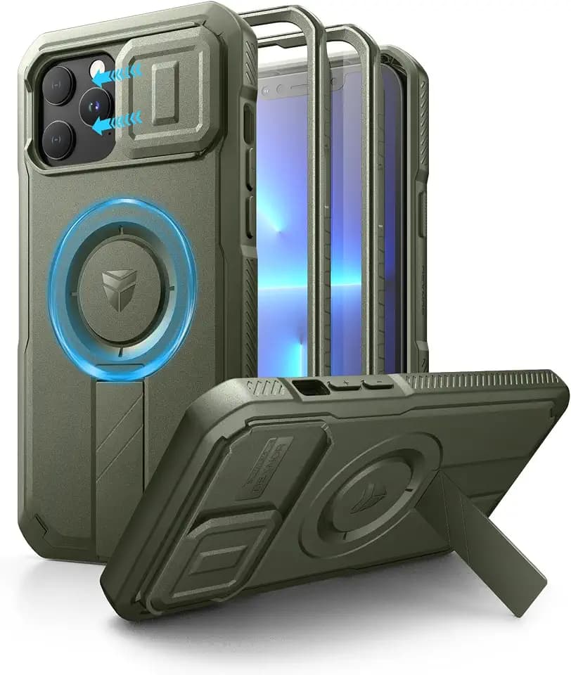 Dexnor for iPhone 13 Pro Max/12 Pro Max Case with Slide Camera Cover & Adjustable Kickstand & Built-in Screen Protector, Magsafe Rugged Bumper Cases Heavy-Duty Magnetic Protective Cover,Army Green
