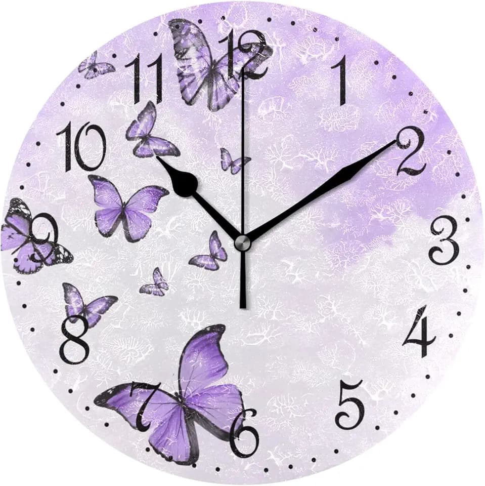 Mnsruu Lila Schmetterlinge Wanduhr Lautlos Ohne Tickgeräusche Wanduhr Dekorative Wanduhr Batteriebetrieben 25x25cm für Zuhause Wohnzimmer Küche Badezimmer Schlafzimmer