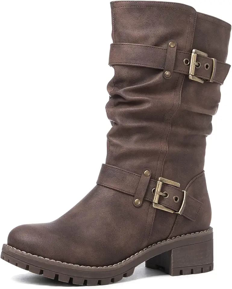 GLOBALWIN Chunky Mid Calf Fashion Dressy Motocycle Biker Military Style Combat Boots for Women Low Heel
