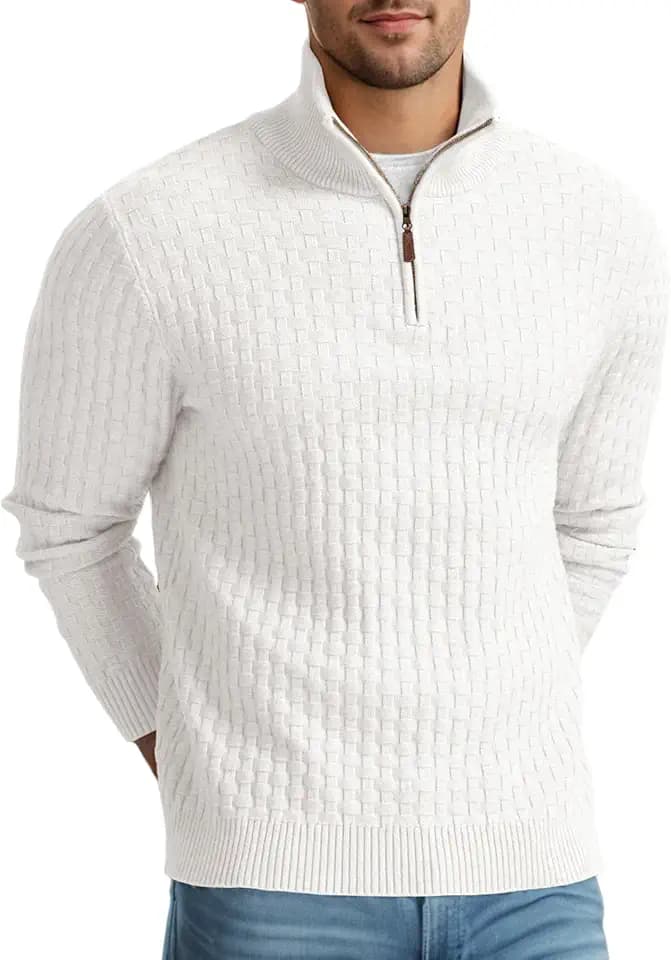 QIXING Herren Viertelzip Waffelstrick Strickpullover Halbhoher Kragen Dicker Winterpulli Casual mit 1/4-Reißverschluss