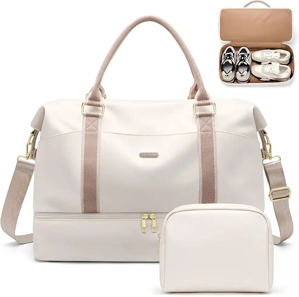 Weekender Bags for Women, Carry On Travel Duffel Bag with Shoe Compartment & Toiletry Bag, 46L Overnight Bag Gym Hospital Bags for Labor and Delivery (Cream White)