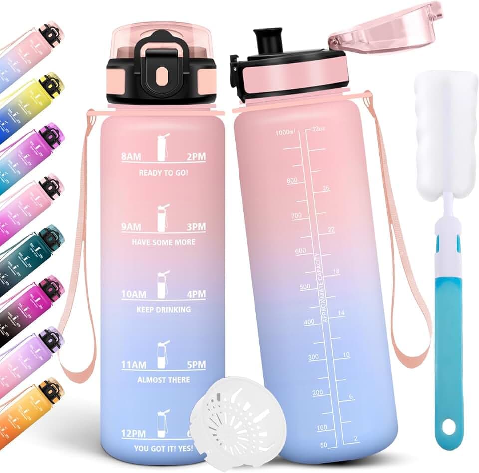 Motswedi Trinkflasche 1l, Sport Wasserflasche, mit Bürste, Auslaufsicher, Trinkflasche Kohlensäure Geeignet, Flasche Sport, Wasserflasche Für Fitness, Wandern, Büro, Camping, Pink & Himmelblau