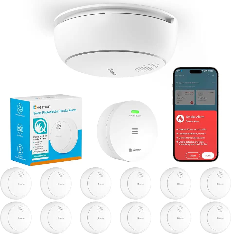 Heiman Rauchmelder 10 Jahre Batterie Vernetzt WLAN-Feuermelder mit App Steuerung & Magnethalterung, kompakter Mini-Rauchwarnmelder, Q-Label & EN 14604 Zertifiziert, 12er-Set mit Gateway