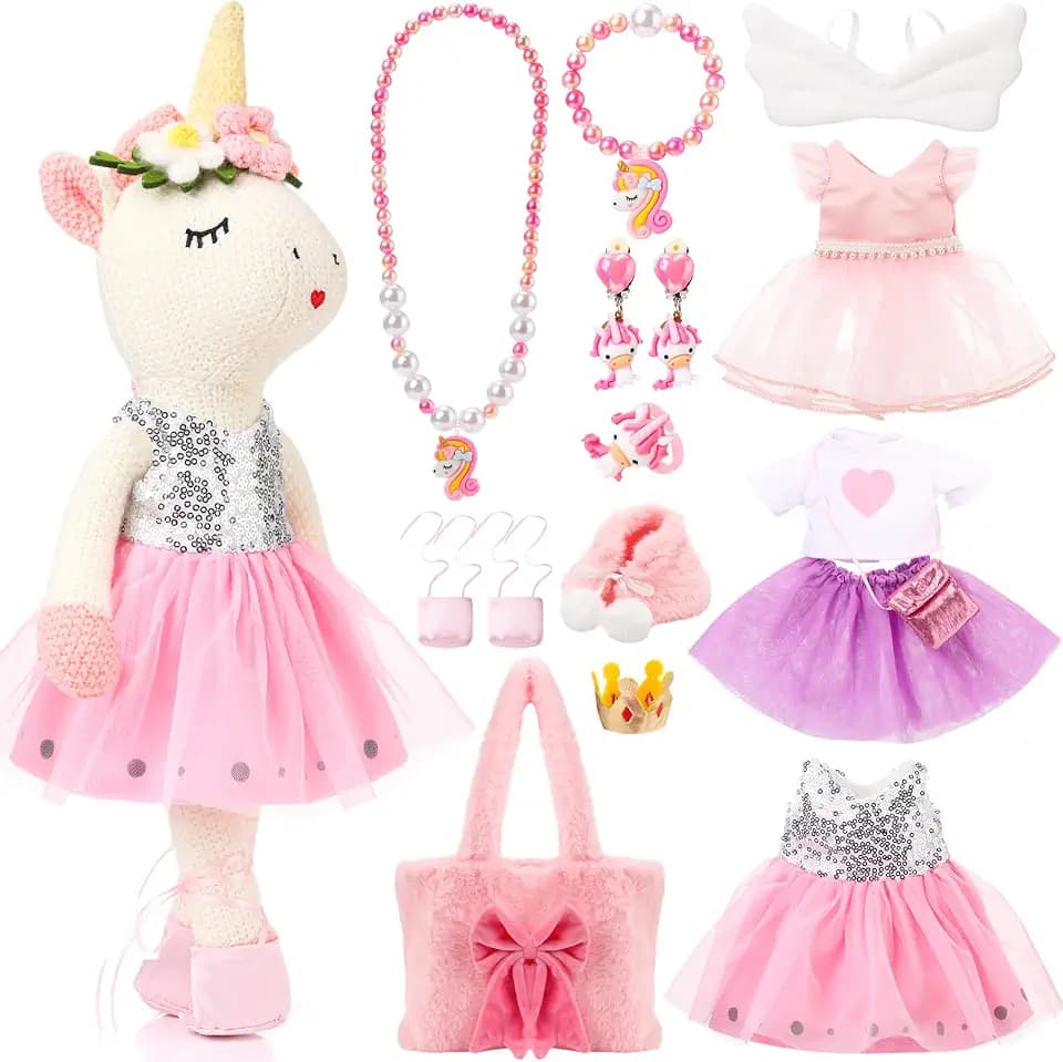 HyDren 15 Pcs Unicorn Stuffed Animal Toys for Girls Birthday Gift for Little Girls Plush Ballerina Doll Set Including Clothes Wings Bag Jewelry Accessories Unicorn Toy
