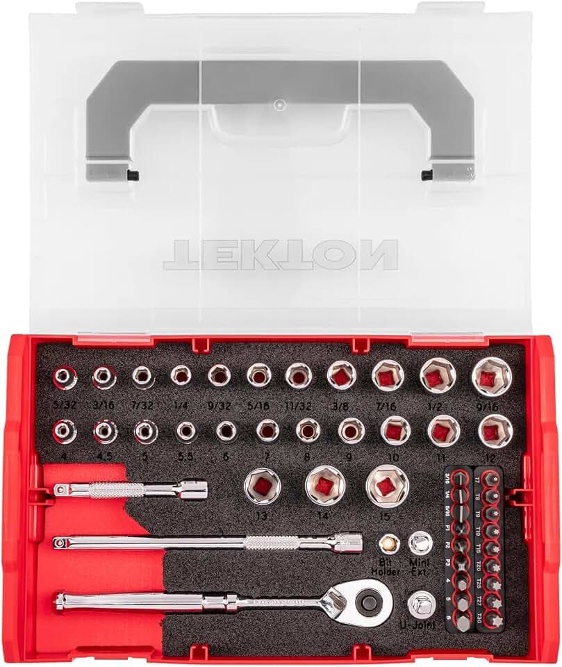 TEKTON 1/4 Inch Drive 6-Point Socket, Bit, and Ratchet Set with Mini Stacking Tool Box (49-Piece) | SKT06300