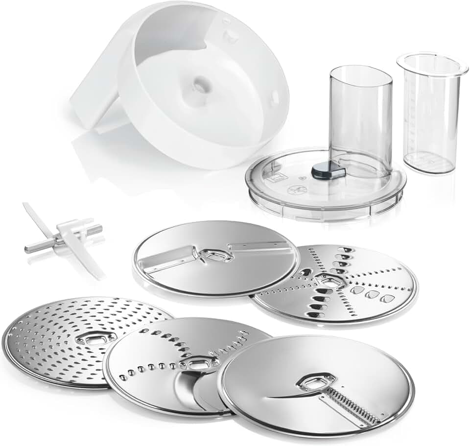 Bosch VeggieLove-Set MUZ5VL1, Durchlaufschnitzler mit 5 Scheiben (Schneid-Wende-Scheibe, Raspel-Wendescheibe, Reibescheibe mittelfein, Asia und Rösti), Zubehör für Küchenmaschine Serie 4, Serie 2