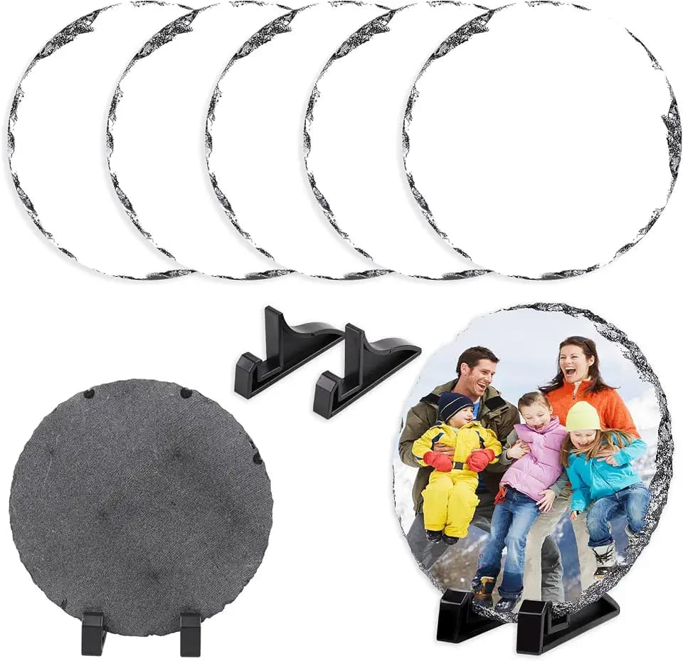 5 Pack Sublimation Slate Blanks Custom Stone Slate Picture Frame Heat Transfer Rock Photo Plaque 5.91x5.91 Inch Round with Display Stand Decoration for Desktop Souvenir DIY Personalized Gift