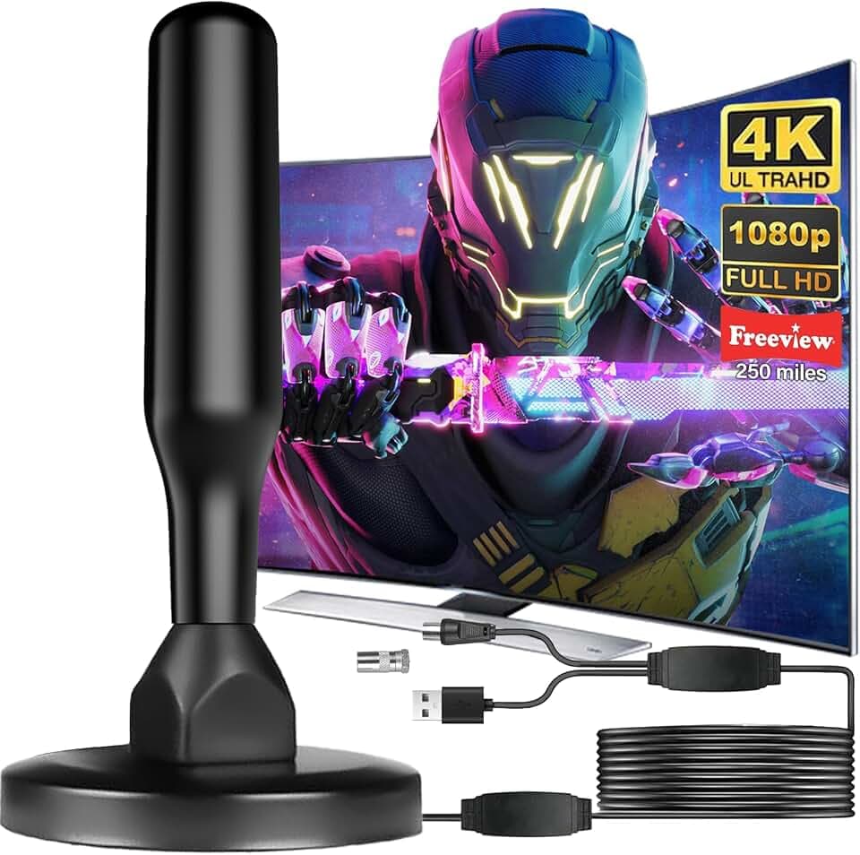 DVB-T2 Antenne mit Verstärker Innen & Außen – Leistungsstarke Zimmerantenne für Fernseher 4K HD Empfang – TV Antenne mit Magnetfuß & 5m Koaxialkabel (Black)