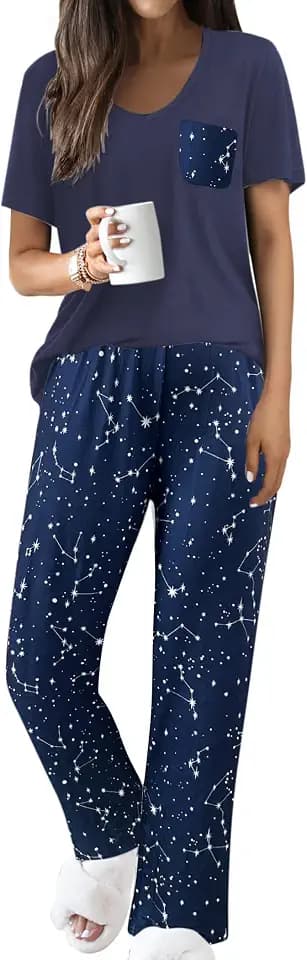 Famulily Schlafanzug Damen Kurzarm Zweiteilige Sommer Outfits V-Ausschnitt Loungewear Tops und Loose Fit Wide Leg Printed Hose mit Taschen S-XXL