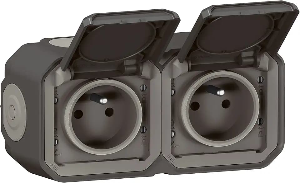 LEGRAND - Wasserdichte Doppelsteckdose IP55 mit Erde Plexo – Steckdose 2P + T 16 A komplett mit Klappe – für Aufputz – horizontale Montage – Anthrazit