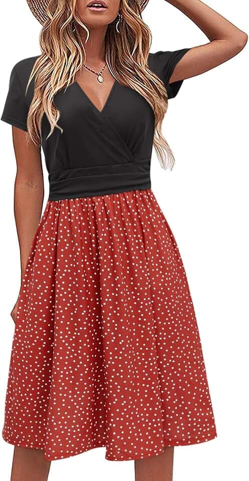 STYLEWORD Damen Sommerkleid Kurzarm V-Ausschnitt Kleider Blumenmuster Kleid Wickelkleid Mit Taschen