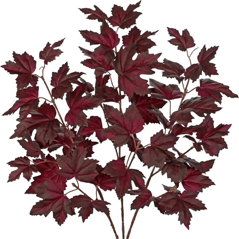 Hollyone 3Pcs Fall Leaf Stems Autumn Leaves Artificial Maple Leaves Branches Fake Fall Stems Plants Faux Maple Shrubs Leaf Bushes for Home Decor Halloween Thanksgiving Festival Decorations Burgundy