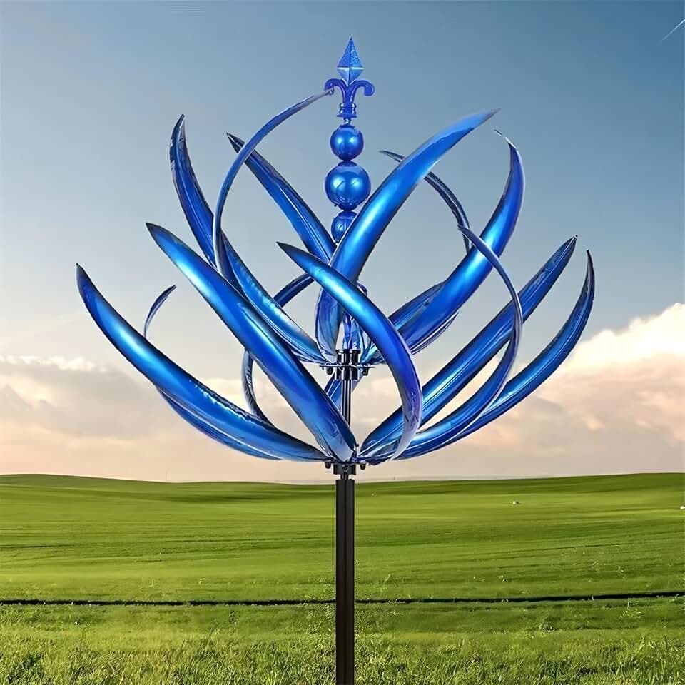 Metall Windrad für Garten, Windrad Garten Lotus Windspiel Windmühle Wetterfest Und Standfest Wind Spinner Metall Windräder Mit Besten Kugellagern, Für Als Dekoration, Höhe 90 cm (blau)