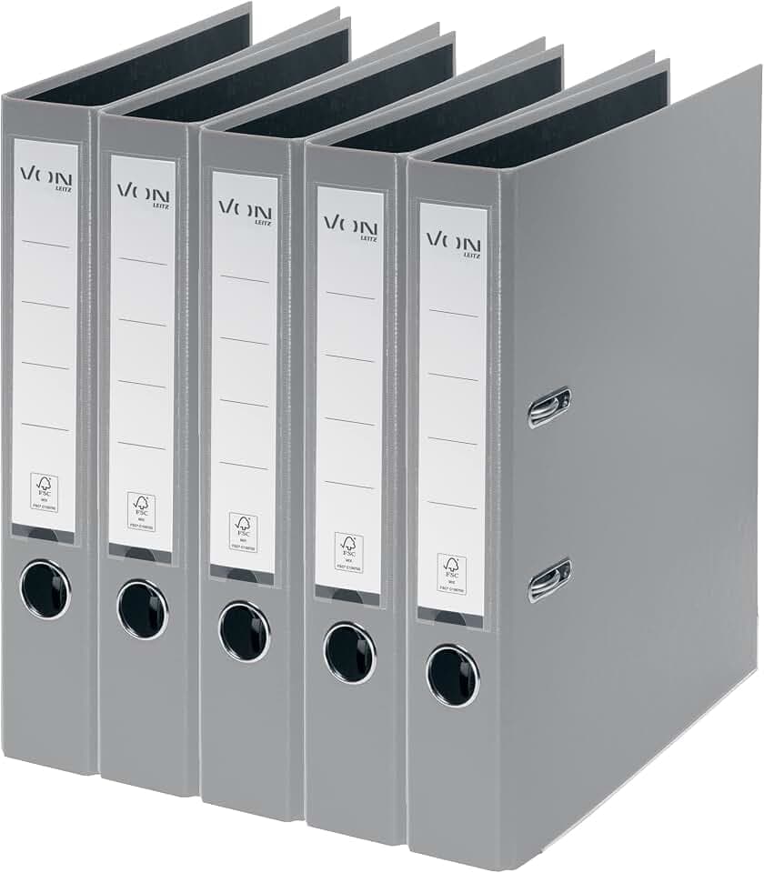 VON Leitz 5er Pack Ordner A4, Karton mit Kunststoffeinband, 50 mm Rückenbreite, Für 350 Blatt, FSC-zertifizierter Karton, Für Schule, Studium & Haushalt, Grau, 10561085
