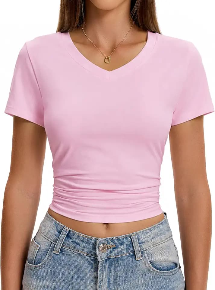 ZYNKIE Womens Basic V Neck Short Sleeve T Shirts Crop Cute Tees 2026