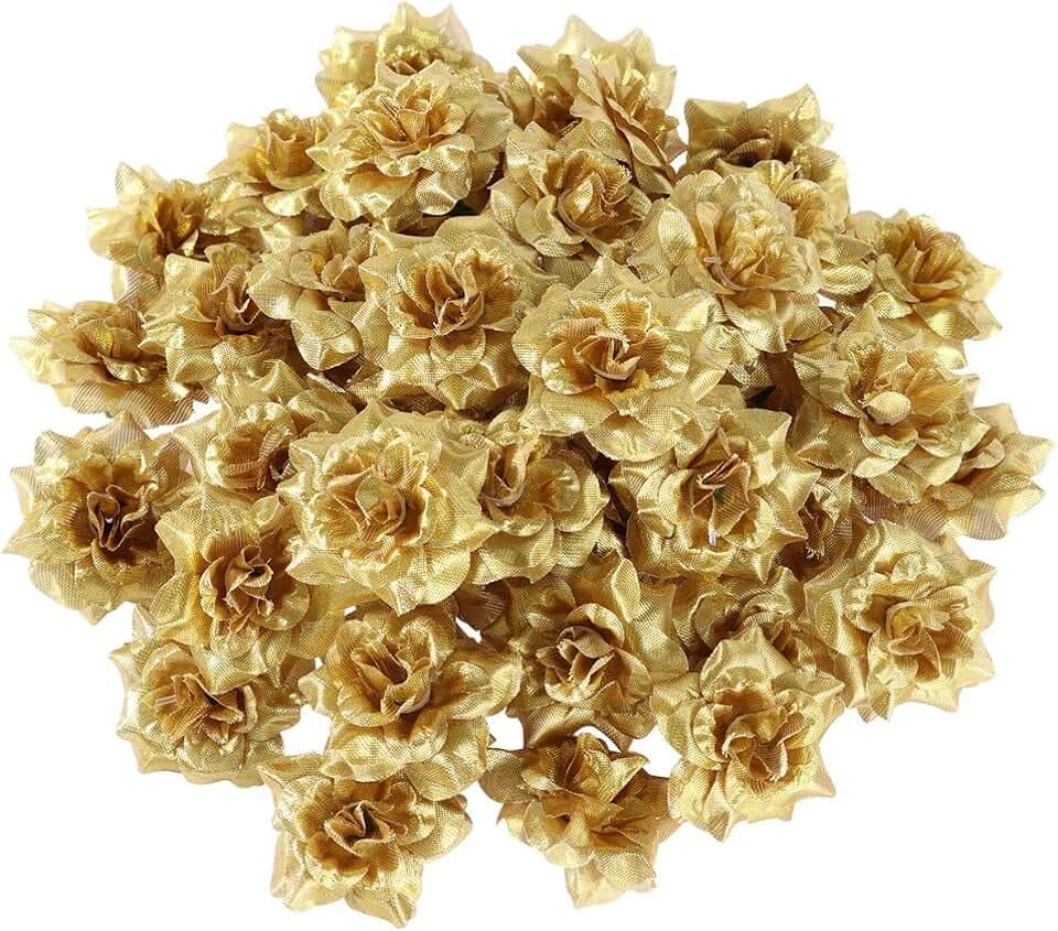 VOSAREA 50 Stück Künstliche Blumenköpfe Goldene Rosen Deko Seide Kunstblumen Blütenköpfe 4,5cm künstlich Rosenköpfe Blumenköpfe zum Basteln für DIY Hochzeit Zuhause Deko