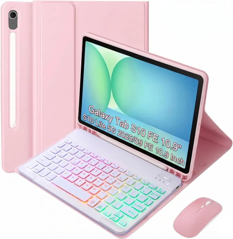 Keyboard Case for Samsung Galaxy Tab S10 FE/S10 Lite/S9 FE 10.9″ 2025/Galaxy Tab S9 11 Inch 2023, Mouse and Detachable Bluetooth Backlit Keyboard, Folio Cover with Pen Holder (Pink)