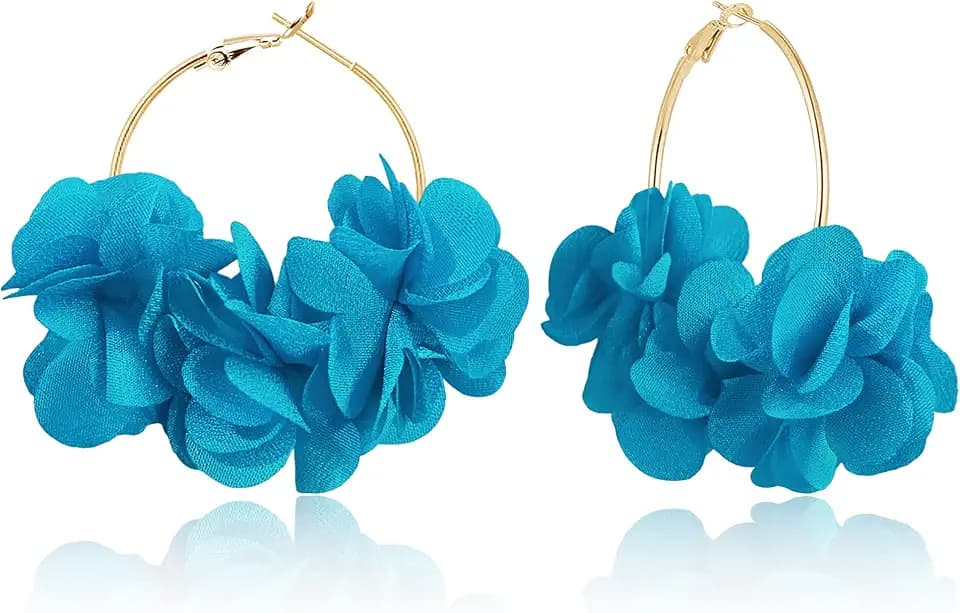 Handmade Boho Fabric Flower Large Hoop Earrings Unique Lightweight Camellia Flower Floral Dangle Drop Earrings For Women