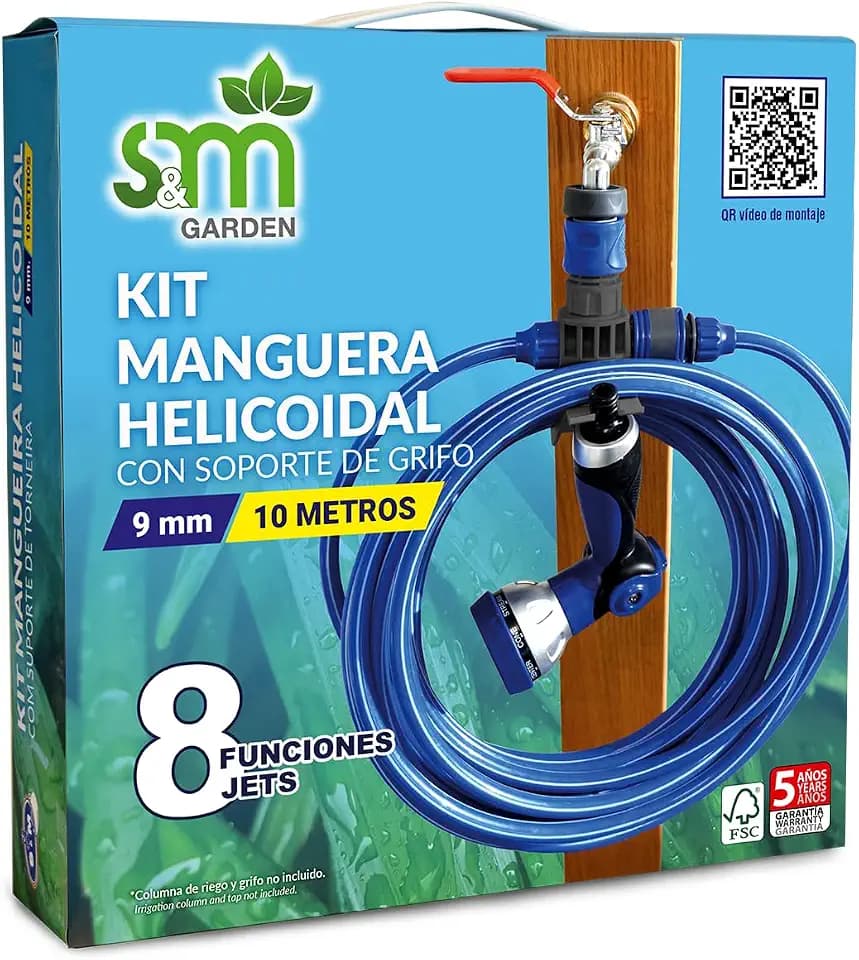 S&M 548635 10 m EVA-Spiral-Set mit Spritzpistole mit 8 Bewässerungsfunktionen + Schlauchanschluss und Kupplung, blau