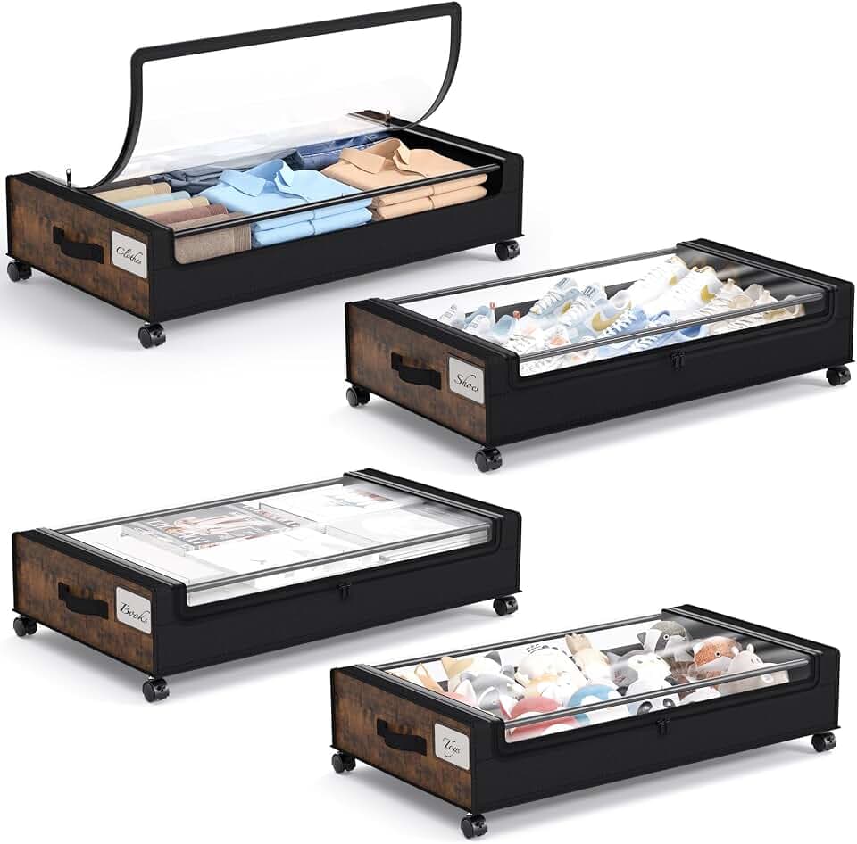 Yecaye Under Bed Storage with Wheels, 4 Pack Under Bed Storage Containers, Underbed Shoe Storage Organizer, Rolling Under Bed Metal Drawers for Clothes, Blankets, Brown