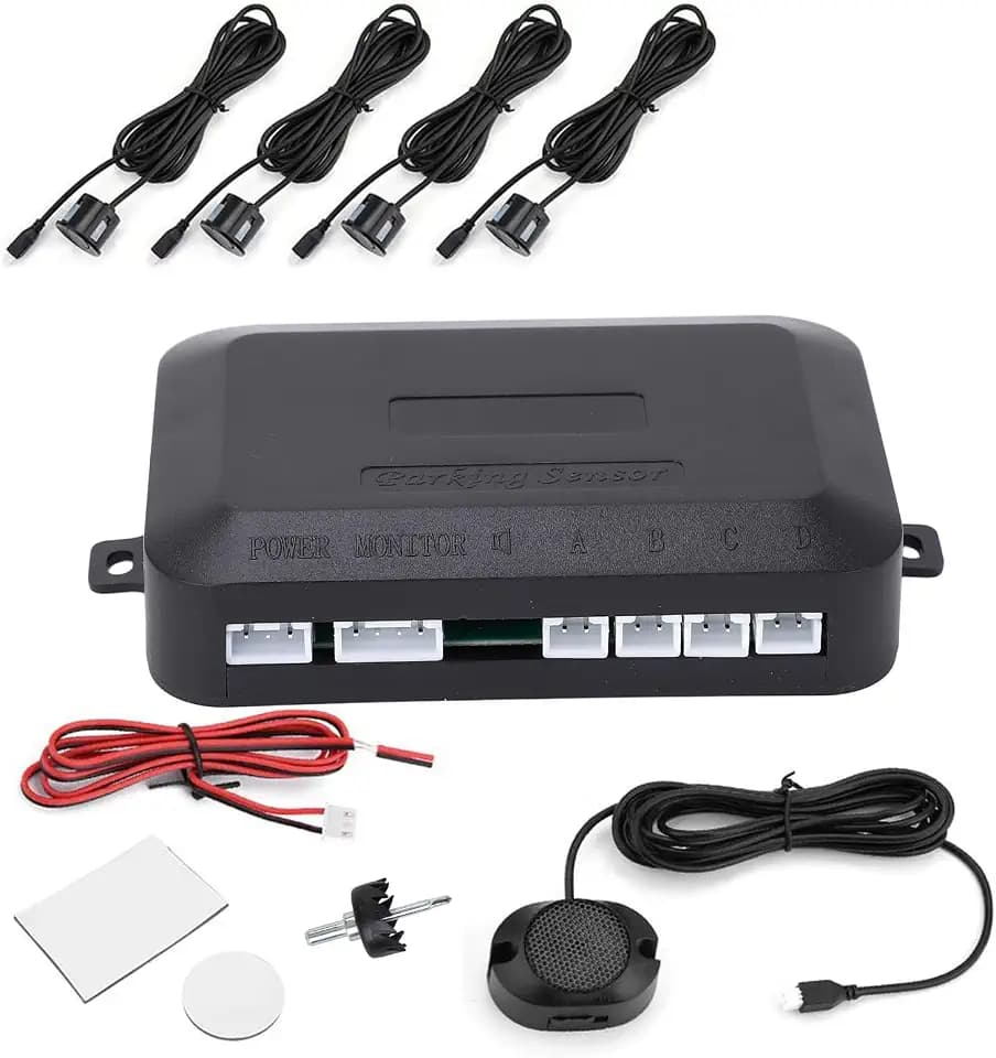 VOBOR Einparkhilfe Parksensoren, 4 Universal parksensoren hinten nachrüsten mit Lautsprecher & 2,5 Meter Sensorkabel, Rückwärtsgang Audio Buzzer Alarm Kit für Auto, SUV usw (Schwarz)