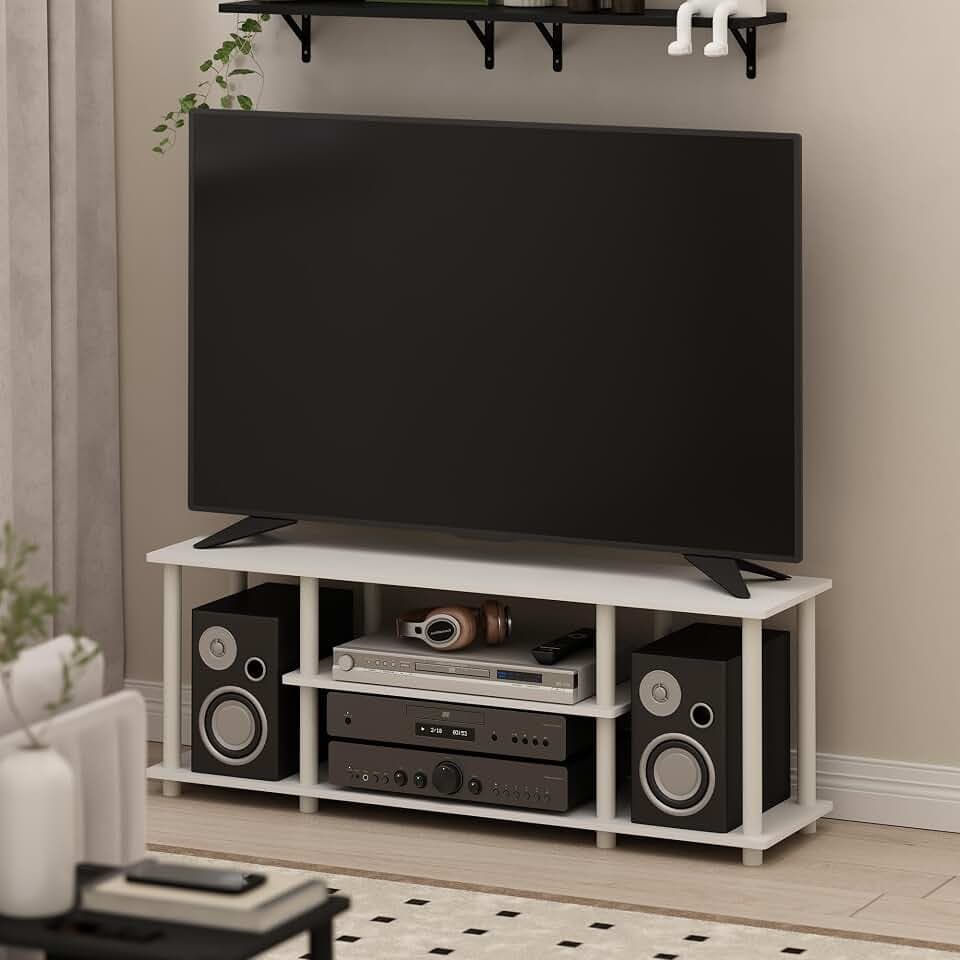 Furinno Turn-N-Tube Toolless 3-Tier TV Stand for 50 Inch TV, Plain White