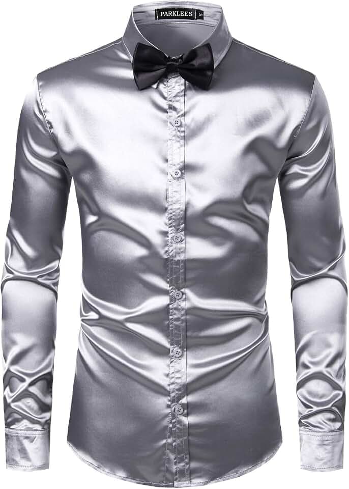 PARKLEES Herren Glänzend Slim Fit Satin Langarmhemd Frezeit Business Hemd für Party Nachtclub