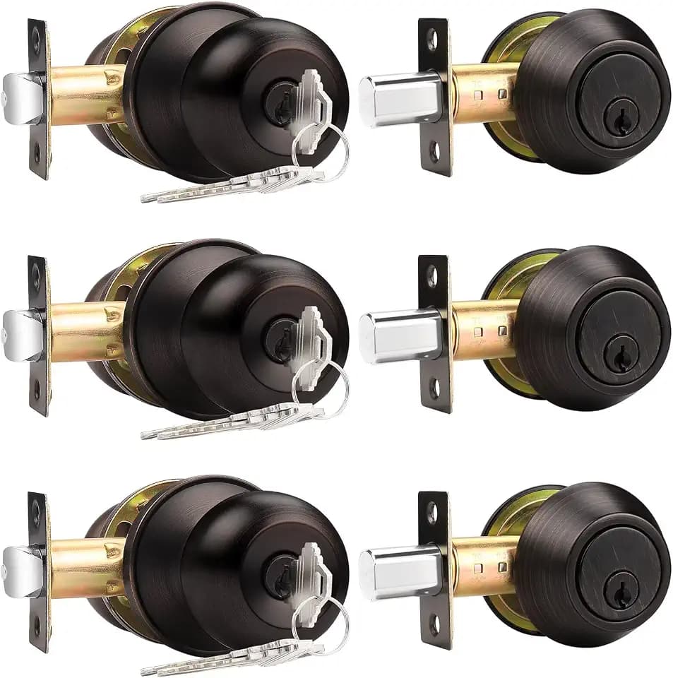 Probrico Keyed Alike Entry Knobs and Single Cylinder Deadbolt Lockset, Front Door Lock Set Exterior Door Knob with Deadbolt Combination Set, Oil Rubbed Bronze, 3 Pack