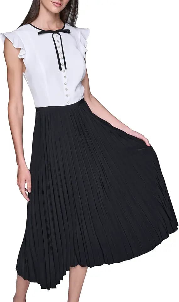 Karl Lagerfeld Women's Bow Neck Tie Pleated Skirt Silky Crepe Midi Dress with Button Detail