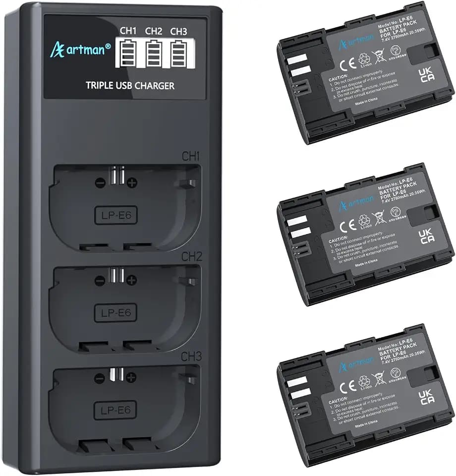 Artman LP-E6N LP-E6 Battery 3-Pack 2750mAh and 3-Slot LCD Charger for EOS R R5 R6 R7, R5 C, R6 Mark II,EOS 5D Mark II III IV,5D SR,6D Mark II 7D Mark II,6D 7D 90D 80D 70D 60D 60DA,XC10 XC15 Camera