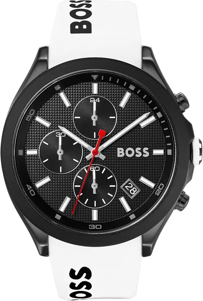 BOSS Herren 44 mm Chronograph Quarz Uhr Velocity Kollektion mit Silikonarmband, Datumsfunktion, 3 Sub-Dials, 5ATM Wasserresistenz