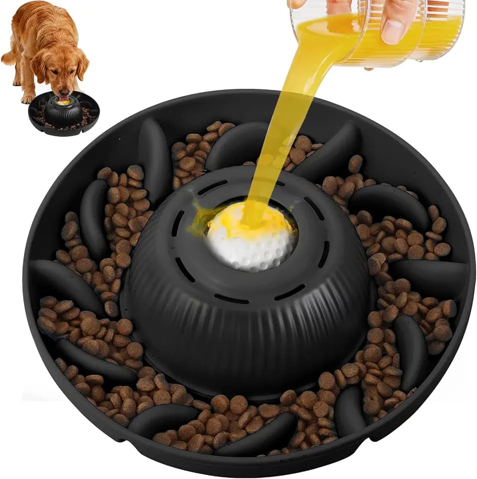 PUPPYGANG 2-in-1 Slow Feeder Dog Bowl & Dog Lick Bowl for Medium Large Dogs, Silicone Puzzle Feeder with Removable Lick Ball, Suction Base Bowl for Kibble, Wet Food, Yogurt & Peanut Butter (Black)