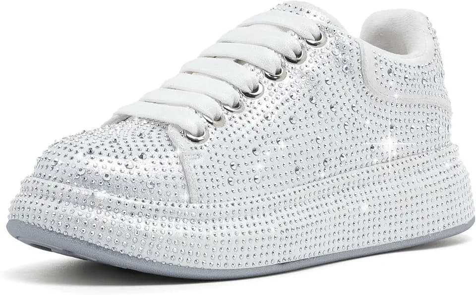 Women's Rhinestones Tennis Shoes Platform Party Glitter Sneakers Sparkly Comfort Walking Sneakers Shiny Wedding Shoes