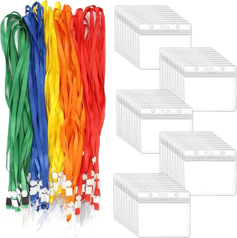 50 Stk Hüllen Namensschild Mit Band,Personalisiert Kartenhüllen Transparent | 9.7×8.2cm Ausweishülle mit Schlüsselband, Wasserdichte Transparenter Ausweishülle, für Business, Ausstellung und Büro