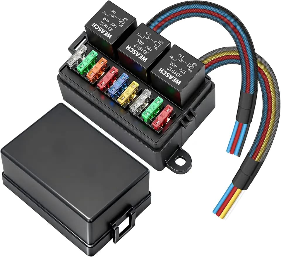 12V 9 Way Pre-Wired Fuse Relay Box, 3 Relays and 9 ATC/ATO Blade Fuses, 4-Pin 40A Relay Block and Kit, for Cars Truck Marine Boat Jeep