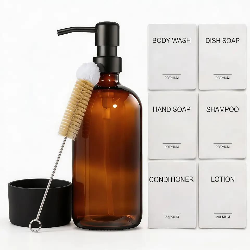 Seifenspender Badezimmer, Bernsteinglas, Seifenspender Küche, 500 ml, Spülmittelspender mit Silikonbasis, Bürste, Pumpe, Shampoo- und Conditioner-Flaschen für Hotel, Waschküche