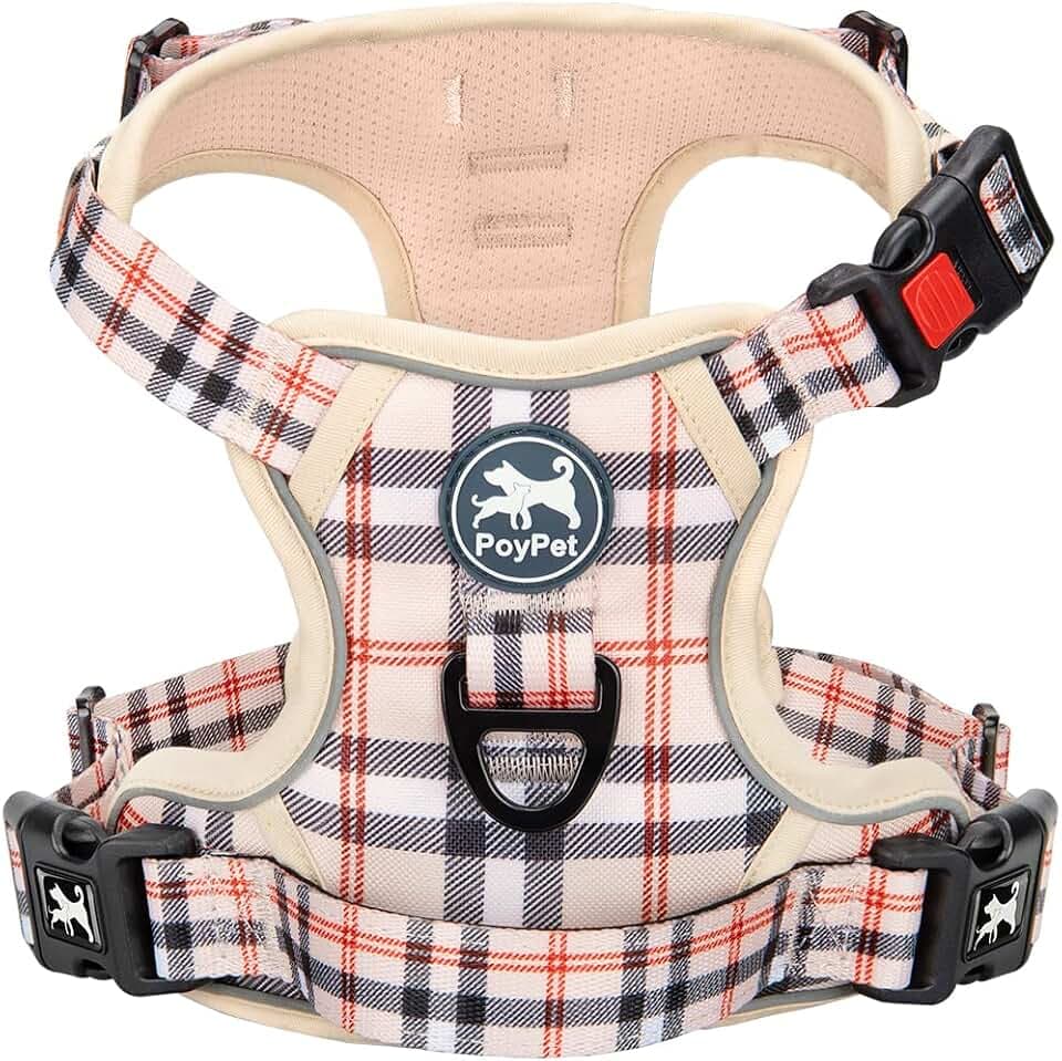 PoyPet Keine Pull Hundegeschirr Front Reflektierende Pet Weste für Hunde mit Einfache Kontrolle Griff und Rückseite perfekt für den täglichen Training, Walken, Running(Kariertes Beige,M)