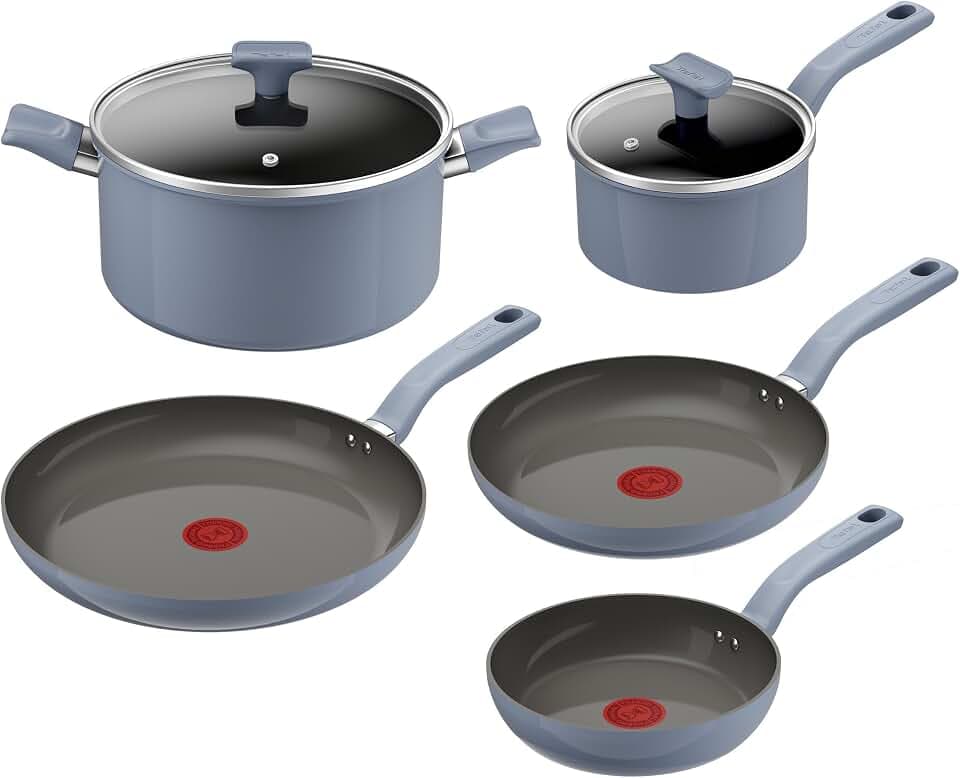 Tefal CERA COLOR ON 7tlg. Keramikset, Go Ceram Antihaftbeschichtung | (Pfannen 20/24/28cm, Kasserolle 16cm & Schmortopf 24cm + Deckel), recycelter Aluminiumkörper, alle Herdarten, Blau
